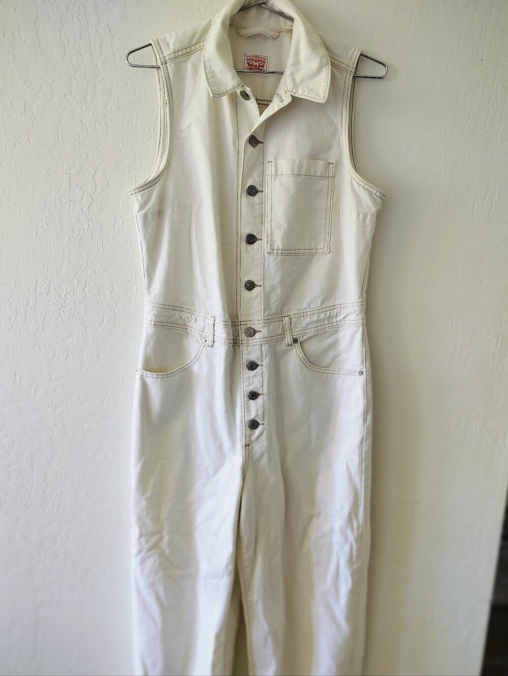 Levi's 100% Cotton Sleeveless Cropped Jumpsuit - Cream/Off-White - Size Medium